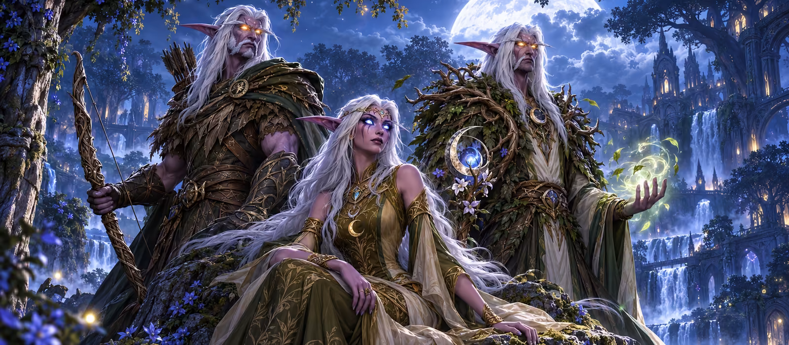 Three Night Elf silhouettes beneath a moonlit woodland canopy: a hunter, a druid, and a priestess
